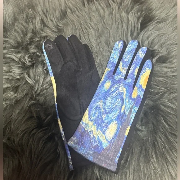 Women’s The Starry Night Van Gogh Print Touch Screen Fall Winter Driving Gloves - Picture 3 of 4